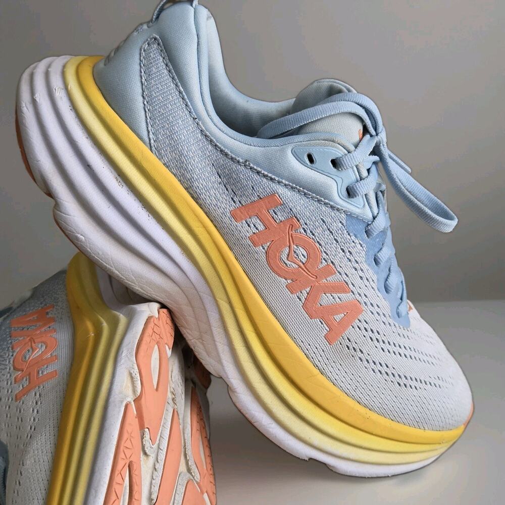 Women's 6.5B Hoka One Bondi 8 Blue/Yellow Running Athletic Sneaker